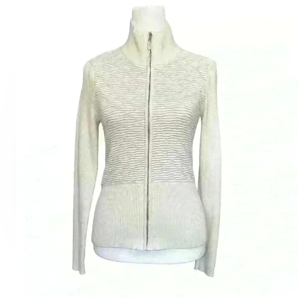 White House Black Market Silver Metallic Zip Up Rib Knit Sweater Jacket. Size XS